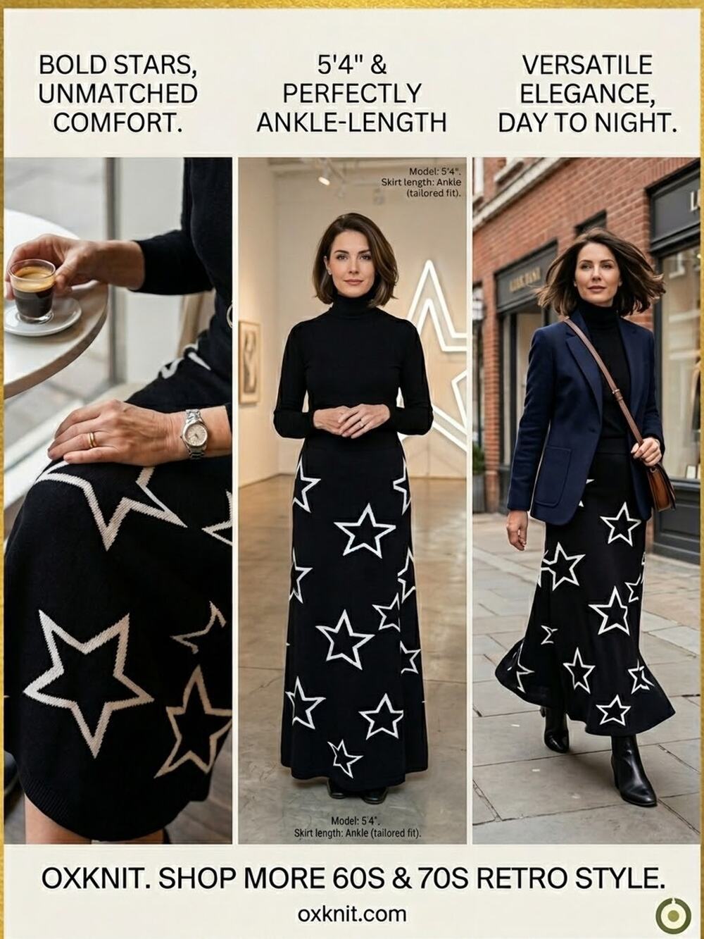 NWT OXKNIT Women’s Black/White Star Knit Maxi Skirt, Size S, Pull On